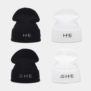 Knitted Beanie Hat Acrylic Warm Winter Outdoor HE SHE Letter Embroidery Casual Slouchy Couple Style Headwear