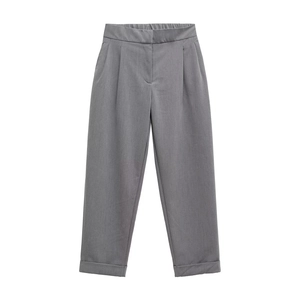 Women's grey straight-leg casual trousers with high waist and cuffed hem in flat lay view