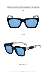 Front and side view of square black frames with ocean blue lenses and silver hardware
