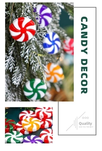 Colorful striped candy ornaments with golden strings hanging on a Christmas tree branch