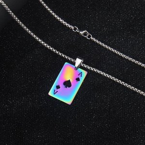 Rainbow stainless steel ace of spades card pendant necklace on a black sparkling background