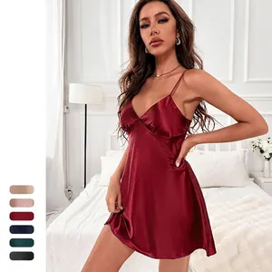 Nuisette En Satin Femmes Col En V Fines Bretelles Vêtements De Nuit Plissé Imitation Satin Sexy Dos Nu Pyjama Robe