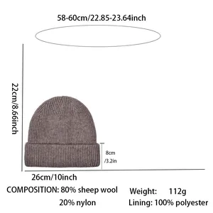 Technical specifications showing dimensions and material of a wool blend knitted beanie