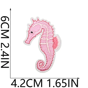 Pink seahorse embroidered patch with dimensions 6cm x 4.2cm on white background