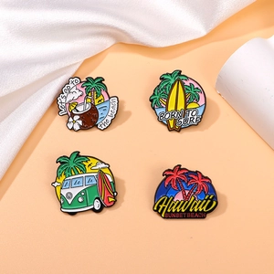 Enamel Pins Brooches Zinc Alloy Summer Beach Surfing Hawaii Coconut Tree Vintage Bus Sunset Cartoon Clothing Accessories