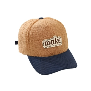 Kids warm sherpa baseball cap with blue corduroy brim and make embroidery patch