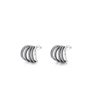 925 Sterling Silver Stud Earrings With Cubic Zirconia Multi Layer Curved Line Elegant Geometric Jewelry For Women