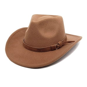 Classic camel wool felt western cowboy hat with brown leather band and metallic buckle