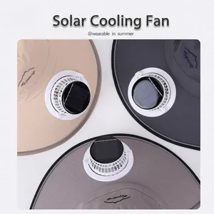Kids solar fan sun hat with wide brim in beige, light grey and navy blue colors