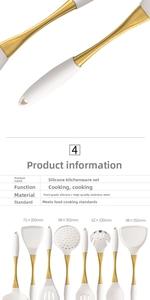 Detail showing white silicone heads and gold brushed stainless steel handles with hanging holes