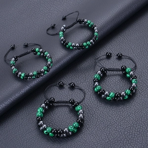 Adjustable double-layer 6-8mm malachite and obsidian beaded bracelets on black leather