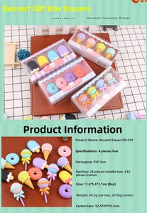 Detailed view of dessert-shaped erasers in cake shop packaging with size specs