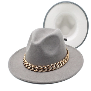 Detail of grey wool fedora hat featuring a bold gold acrylic chain link band accent