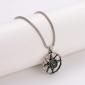 Vintage stainless steel compass star pendant necklace with durable box chain on white base