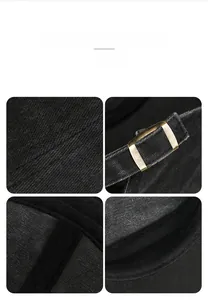 Detail of washed black cotton fabric, neat stitching and vintage metal buckle on the cap