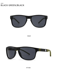 Vista frontal y lateral de gafas de sol deportivas TR negro mate y verde polarizadas