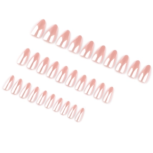 Glossy nude pink almond false nails set with 24 pieces arranged on white background