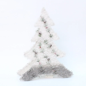 Illuminated flocked Christmas tree with pine cones and red berries for table decoration