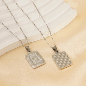 Silver stainless steel rectangular letter G pendant necklace with polished link chain