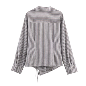 Women's vertical striped long sleeve shirt with tie-back waist and irregular hem design