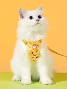 Adjustable yellow cat harness vest with duck pattern and breathable mesh material