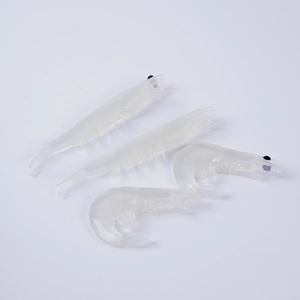 Set of four realistic semi-transparent PVC shrimp models for seafood display or decor