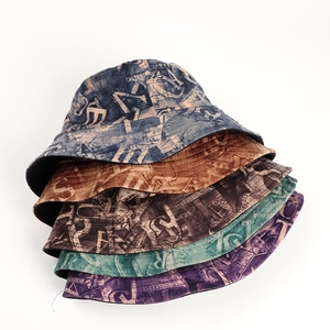 Frosted suede bucket hats with letter prints in blue, brown, black, teal, and purple colors
