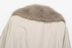 Detailed close-up of a khaki windbreaker featuring a plush grey faux fur collar trim