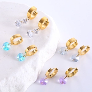 Gold stainless steel hoop earrings with multi-color zircon crystal charms on stone