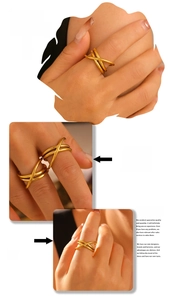 Detailed view of 18k gold plated criss-cross multi-layer intertwining band ring