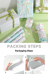 Detailed packing steps for cartoon gift wrapping paper with unicorns and cacti patterns