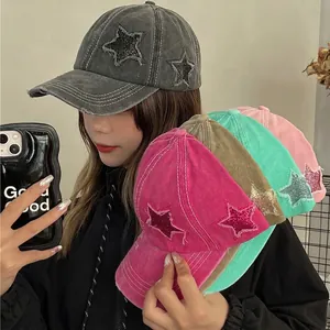 Women Washed Cotton Baseball Cap With Ponytail Hole Distressed Vintage Glitter Star Patch Adjustable Sun Protection