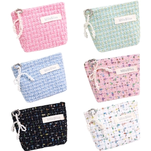 Elegant tweed cosmetic storage pouch set in multiple colors with luxury pearl charm