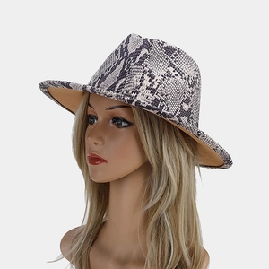 Detail of wide brim fedora with snakeskin pattern and khaki underbrim for elegant style