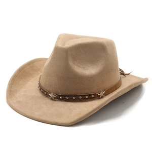 Classic khaki wide brim jazz fedora hat in faux suede with studded leather band and stars