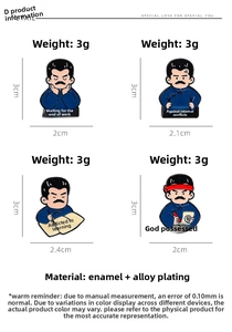 Detail view of 3cm cartoon enamel pins showing exact dimensions and 3g weight