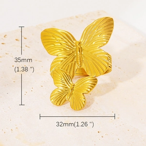 Anello vintage a doppio farfalla in acciaio inossidabile placcato oro 18K con texture spazzolata