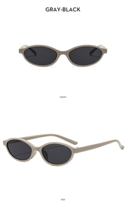 Front and side views of vintage small oval gray-black sunglasses with minimalist frames