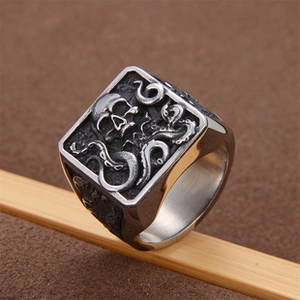 Detail of vintage stainless steel ring with skull octopus relief and antique silver finish