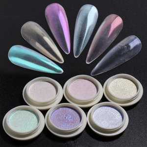 Solid aurora nail powder set with six chrome colors and glossy pearl effect samples