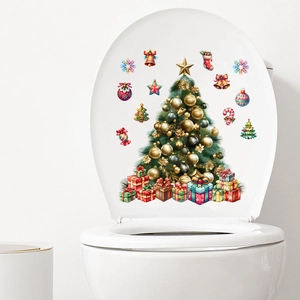 Christmas tree wall sticker with colorful gift boxes and bells on toilet cover