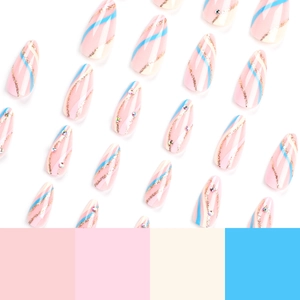 Almond fake nails with pink waves, gold glitter stripes and rhinestones for women