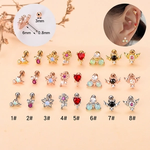 Stainless Steel Zircon Cartilage Earrings Synthetic Opal Helix Piercing Studs Vintage Heart Star Shape Screw Back For Women