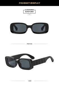 Detail view of rectangular thick frame sunglasses in black grey with polished finish