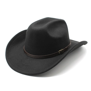 Classic black wool felt wide brim fedora hat with brown leather belt buckle accessory