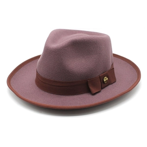 Classic grey wool fedora hat with wide brim and contrasting brown decorative band