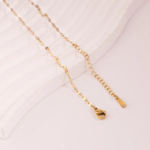 Detail view showing the golden lobster clasp and extension chain on a minimalist necklace