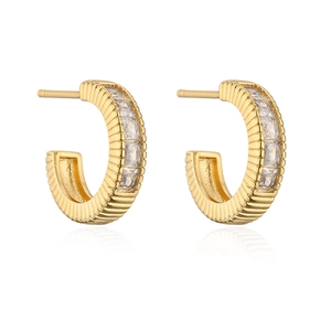 Elegant 18K gold-plated C-shaped earrings with square zircons and textured finish