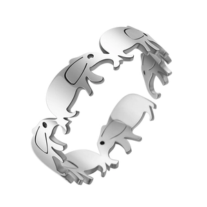 Adjustable silver stainless steel ring featuring minimalist elephant pattern design