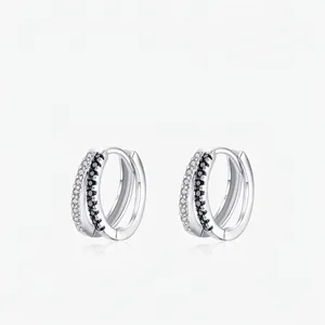 Boucles D'oreilles Créoles En Argent Sterling 925 Avec Oxydes De Zirconium Noir Et Blanc Double Rangée Mode
